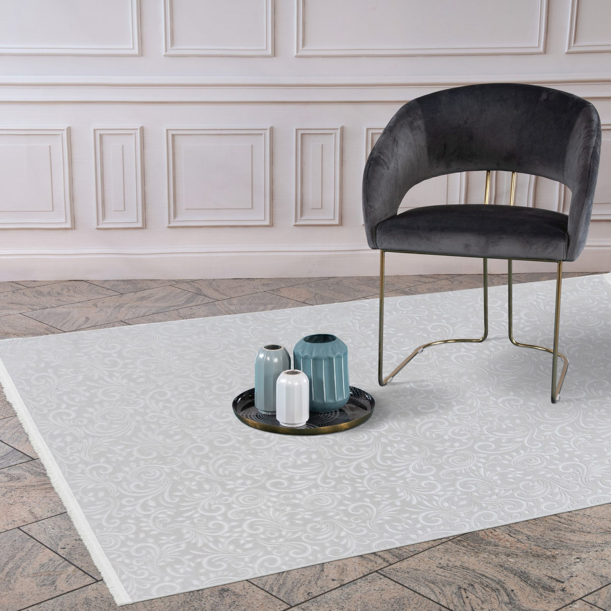 Peri 100 — Beige · Laagpolig vloerkleed — sfeerfoto